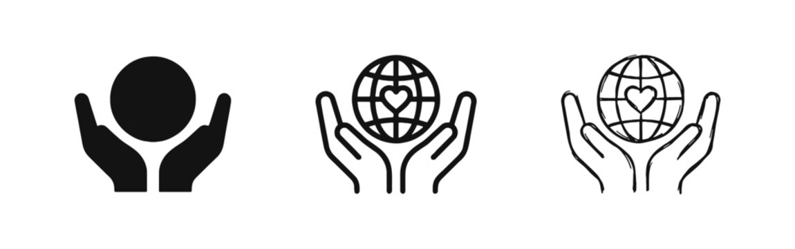 Global Love and Care Icon Set - Earth Protection Symbols in Solid Outline and Hand Drawn Styles