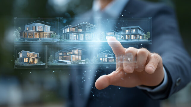 A real estate agent using a virtual screen to show properties