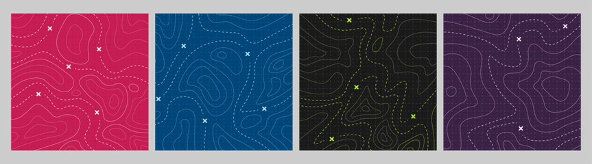 Vector illustration. Retro topographic map banners. Retro style line patterns, navigation pin markers, and dashed trail routes on a vintage colored background. Design for ad, web banner, wallpaper © VVadi4ka