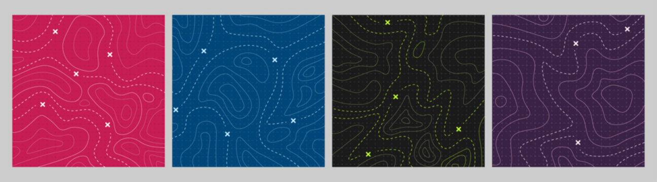Vector illustration. Retro topographic map banners. Retro style line patterns, navigation pin markers, and dashed trail routes on a vintage colored background. Design for ad, web banner, wallpaper