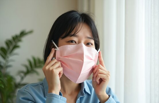 Asian woman adjusts pink face mask for protection indoors. She smiles, showing relief and return to normalcy after period of health concerns. This represents hope and renewed confidence in daily life.