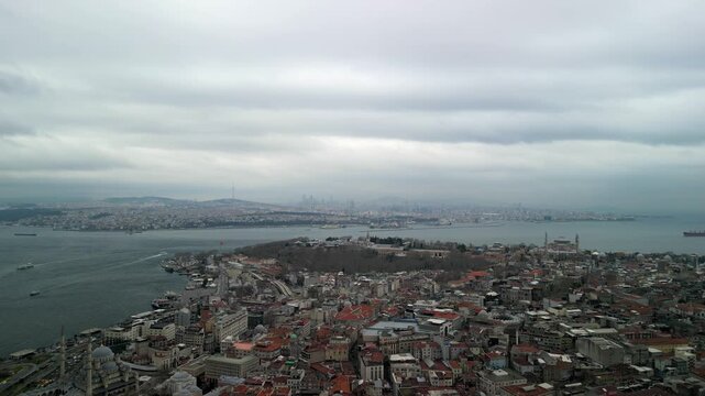 Drone panoramic shot of Istanbul and the Bosphorus Strait