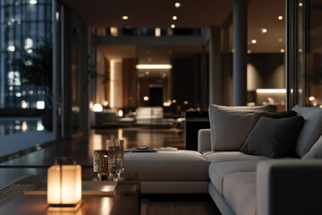 Fototapeta premium This sophisticated living area bathed in warm light embraces modern aesthetics and features cozy furniture, showcasing a perfect space for entertaining and relaxation.