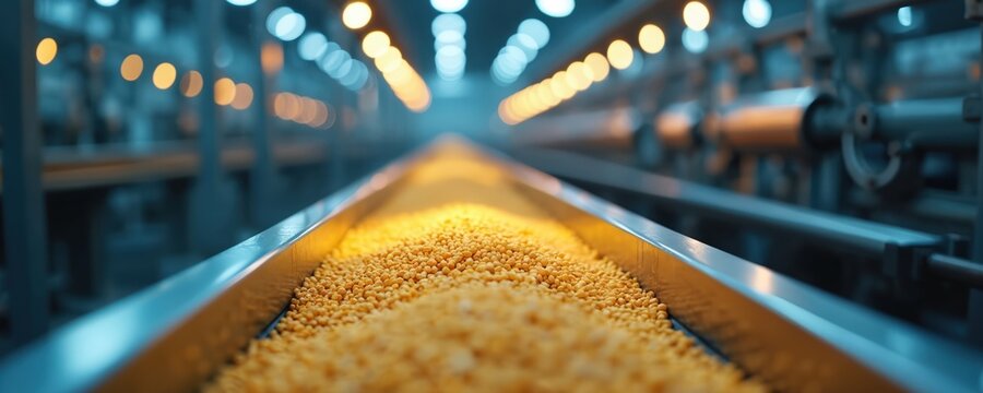 Yellow pellets move along metal conveyor belt in automated factory. Industrial production line for animal feed processing. Modern technology in food manufacturing.