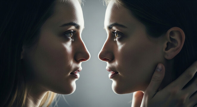 two women faces close-up with one touching the other's cheek