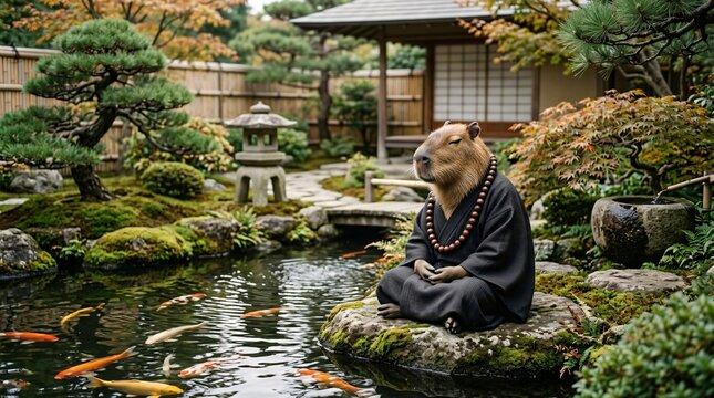 Capybara meditating in a black monk robe with a mala necklace sitting peacefully on a mossy rock in a tranquil Japanese garden with koi pond.