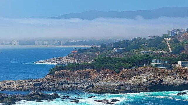 Aerial View Of Punta Pite Cliffs And Papudo Coastline Chile With Ocean Waves And Waterfront Homes, Valparaiso Chile