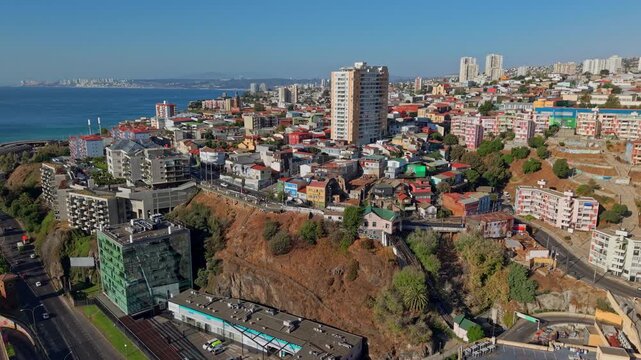 Aerial Baron Hill, Viewpoint Valparaiso Chile Coastal Panorama Beach Daylight establishing natural destination