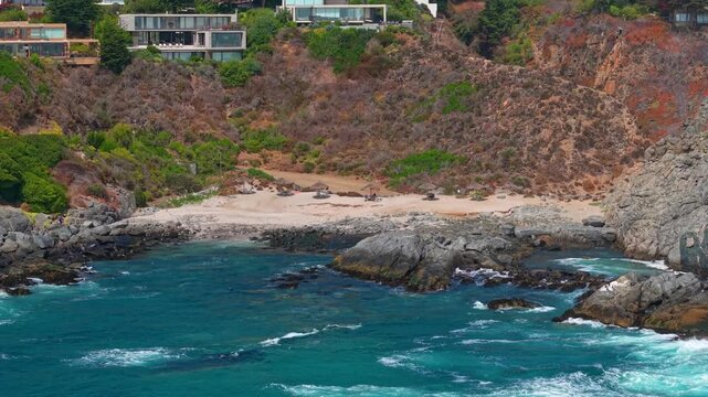 Aerial Cliffside Resort Houses Punta Pite Valparaiso Chile Hidden Beach Waves