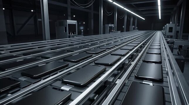 Futuristic Dark Factory Assembly Line With Rows Of Black Smartphones Moving Under Industrial Lighting