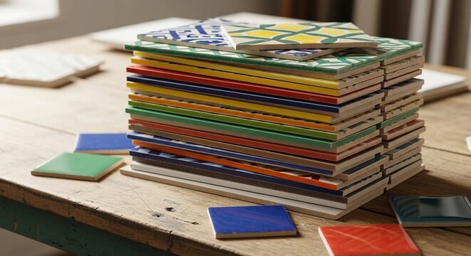 stack of books on a table, stack of colorful books, A stack of colorful tile samples on a table