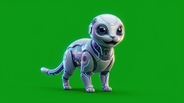 Cybernetic robotic otter standing on green screen for sci-fi VFX, 3D digital animation