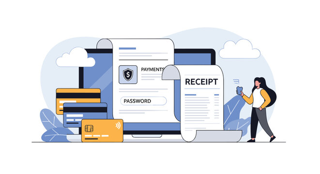 Online payment and bill processing concept with a woman holding a phone next to receipts and credit cards.