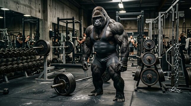 Muscular gorilla athlete in a black singlet stands powerfully in a gritty high-contrast weightlifting gym surrounded by fitness equipment.