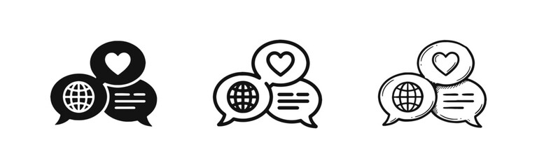 Global Communication Speech Bubbles Icon Set with World Globe and Heart Symbols © drawing lines