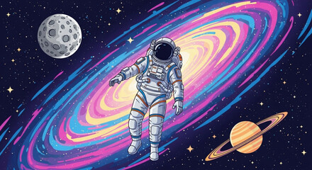 Obraz premium Astronaut in white spacesuit floats among vibrant colorful spiral galaxy with moon and saturn visible against deep space backdrop