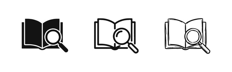 Open Book and Magnifying Glass Icon Set for Education Research and Discovery