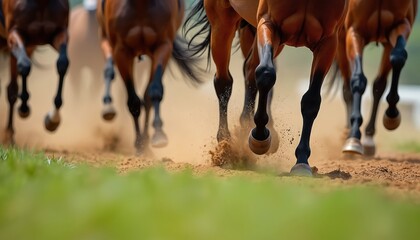 Fototapeta premium Horses gallop on dirt track kicking up dust. Close up view of hooves pounding ground. Racing animals show speed and power. Dynamic action captured from low angle.