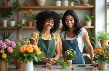 Fototapeta premium Two women work in flower shop. Diverse friends arrange bouquets with fresh plants and greenery. Smiling business owners create floral decor in a cozy boutique.