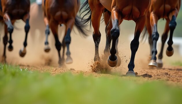 Horses gallop on dirt track kicking up dust. Close up view of hooves pounding ground. Racing animals show speed and power. Dynamic action captured from low angle.