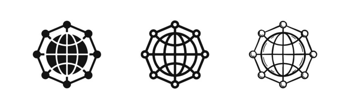 Global Network Connectivity Icon Set with World Globe and Digital Node Connections