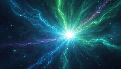 Fototapeta premium Abstract light explosion in deep space. Cosmic energy bursts with blue green purple waves and many small stars. Dynamic powerful light effect.