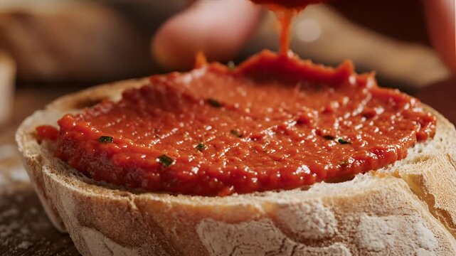 Spreading delicious tomato paste on crusty bread slice with knife.