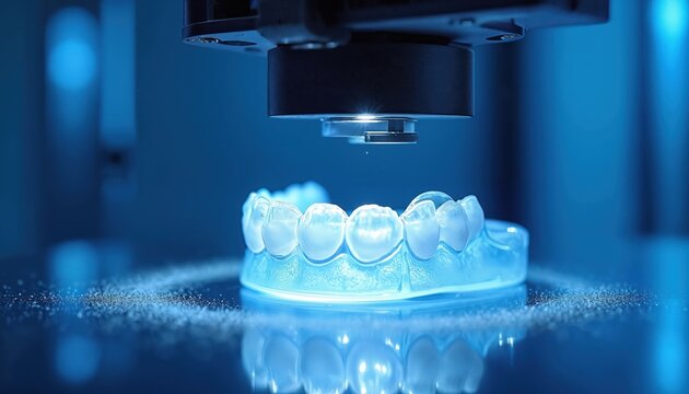 Dental prosthesis being 3D printed with blue light. Precision manufacturing creates custom mouth models in lab. Advanced tech produces medical devices for health care.