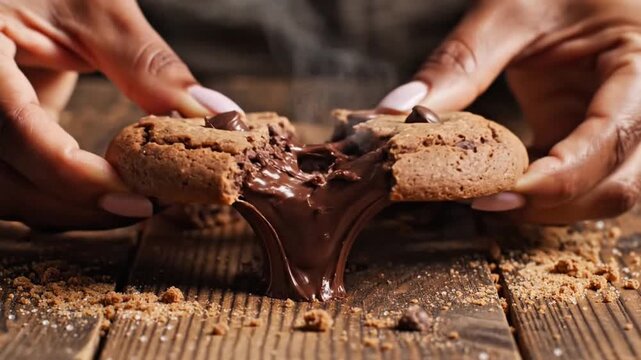 Hands breaking a warm chocolate cookie with gooey melted chocolate oozing out onto a rustic wooden table.