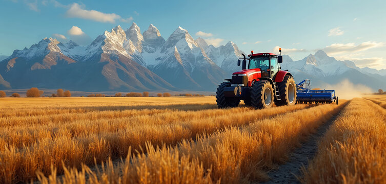 Red tractor cultivates golden field with snow capped mountains in background. Rural autumn landscape with agricultural machinery working harvest. Farm equipment prepares land for planting crops.