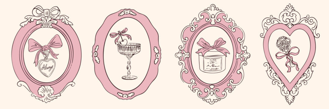 Hand drawn Victorian baroque style wedding invitations. Elegant retro whimsical frames with locket, key, cocktail, gift. Vector outline rococo renaissance boarder for banner, poster, placard