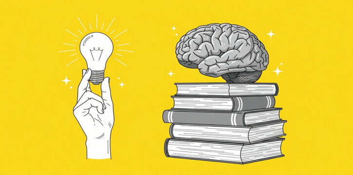 Knowledge and Creative Thinking Concept with Brain on Books and Hand Holding Light Bulb Vector Illustration Design Theme