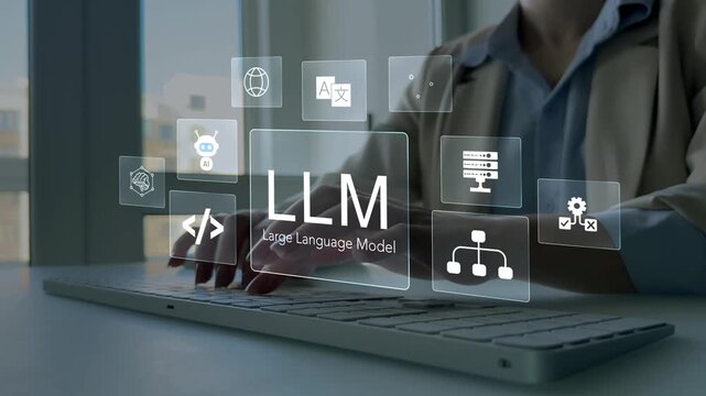 Large language model(LLM) with AI technology.User working on laptop in LLM,Data performrange language tasks,answering questions, summarizing information, translating languages, writing code.