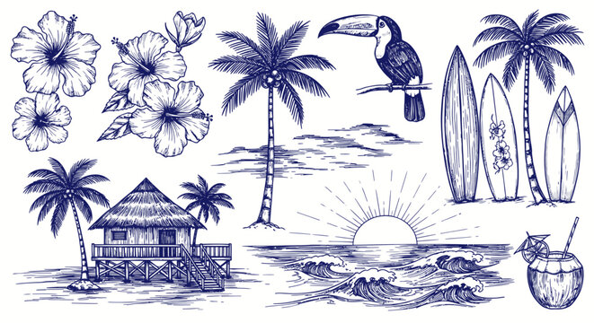 Hand drawn collection of tropical summer elements and island beach vacation sketches.