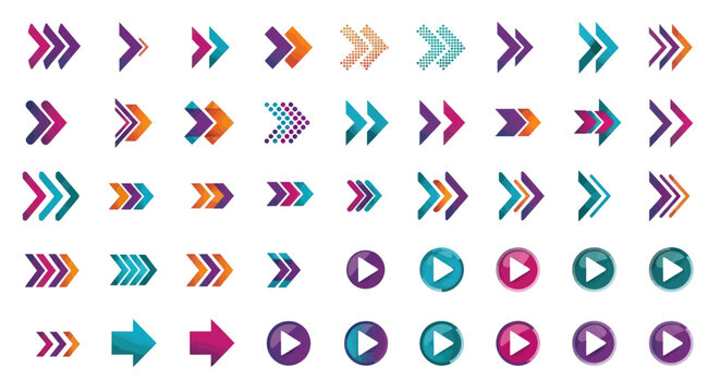 Set of abstract arrow icons and navigation play buttons in various colorful styles