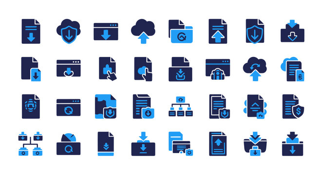Set of cloud data storage and file transfer icons for web and mobile apps