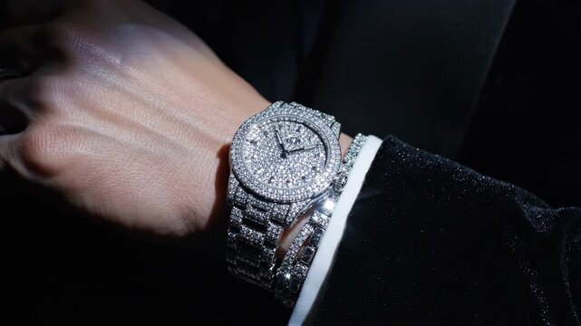 Close Up of a Luxury Diamond Encrusted Watch and Bracelet Sparkling on a Wrist in the Dark