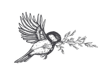 Flying bird holding plant branch in beak vector isolated illustration painted by black inks. Hand drawn sketch of chickadee for nature design. Wildlife, ecology, environment concept for decor © Masha_tolk_art