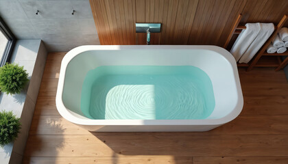 Naklejka premium Minimalist bathroom features modern white bathtub filled with clear blue water. Wooden floor and wall panels create warm, natural ambiance. Chrome faucet adds sleek touch to serene spa-like setting.
