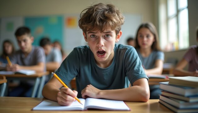 Young male student with shocked expression writes in notebook during exam. He looks anxious, unprepared, and overwhelmed in classroom setting with other pupils.