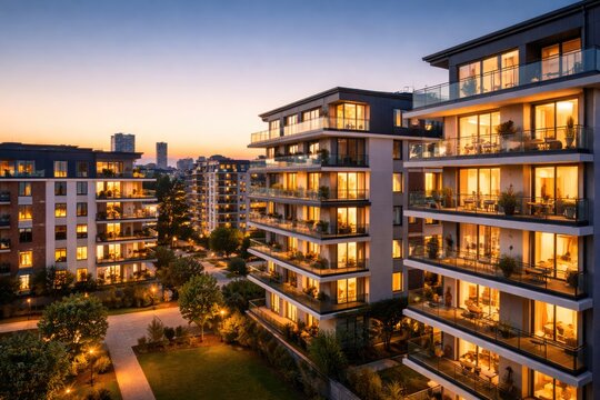 Modern Residential Apartment Buildings at Sunset with Illuminated Windows