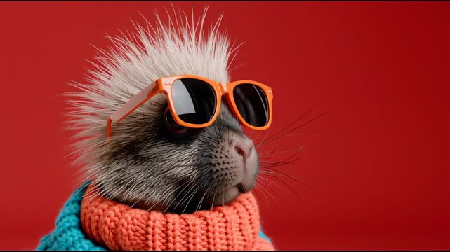 Porcupine wearing orange sunglasses and colorful knitted scarf poses against a bright red background, showcasing its unique style and playful demeanor in a series of frames