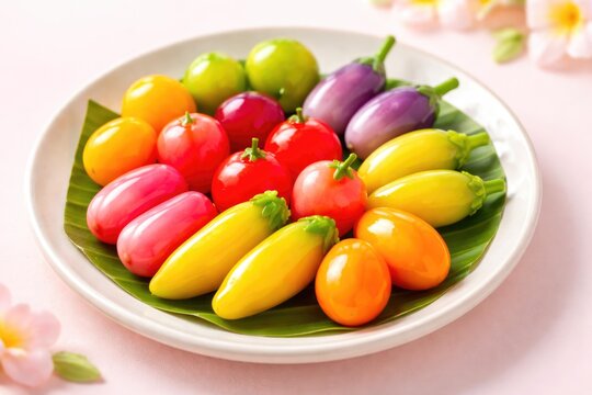 Colorful Thai Dessert Luk Chup Shaped as Mini Fruits on Plate