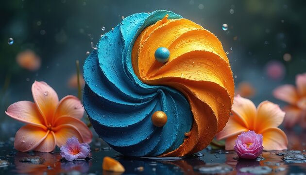 Blue and orange yin yang symbol swirls with water drops. Tropical flowers surround the circular design. Symbol represents balance harmony duality. Abstract art concept.