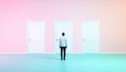 Fototapeta premium Person standing before three doors, facing a significant decision point, symbolizing the exploration of opportunities, life choices, and the path to an unknown future