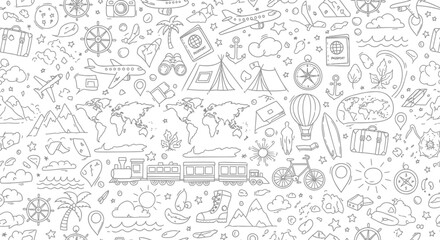 Fototapeta premium Travel icons, landmarks, transportation doodles, world map illustrations, vacation symbols