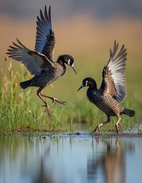 Two male ruffs fight in shallow water during spring mating season. Birds flap wings, splash water, showing off feathers. Wildlife scene in marshland with green grass, natural habitat.