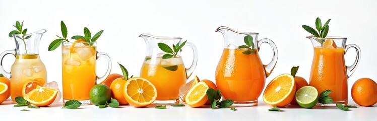 Fototapeta premium Multiple glass pitchers filled with orange drink, ice. Whole, sliced citrus fruits like oranges, limes are arranged with mint leaves. Refreshing beverages for summer parties, healthy diets.