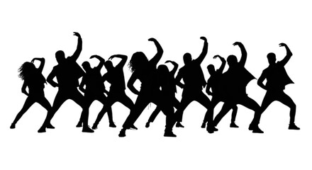 Fototapeta premium Dynamic group of silhouetted dancers performing energetic synchronized movements together isolated on transparent background, Vector