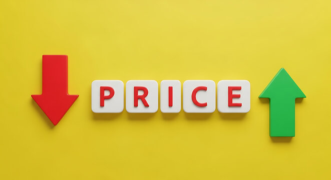 A creative concept of price fluctuation with arrows and blocks on a yellow background